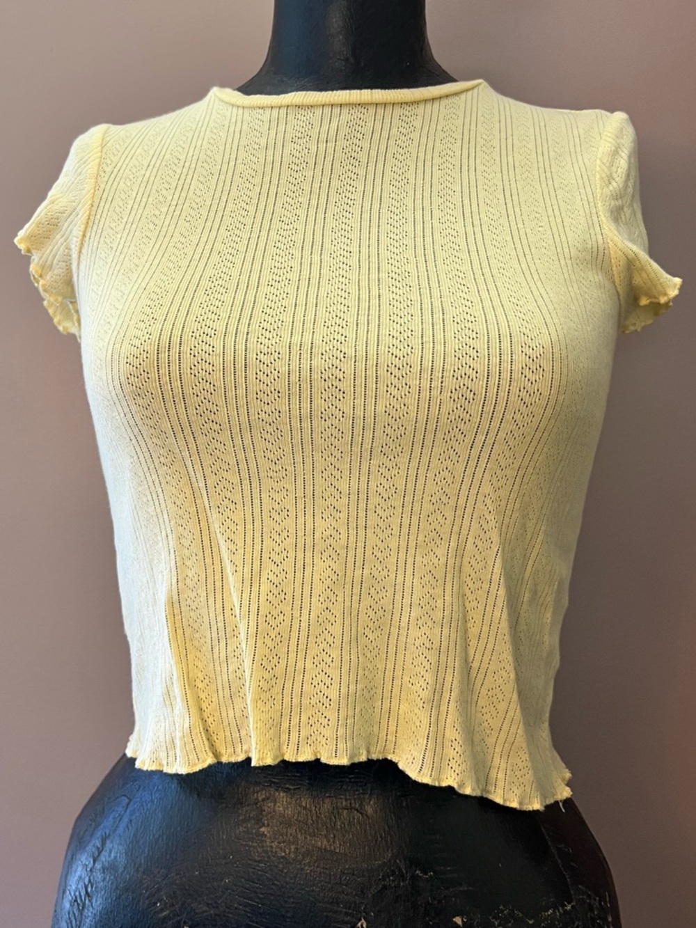 Urban Outfitters Pointelle Lettuce-Edge Baby Tee Yellow 100% Cotton Size Small